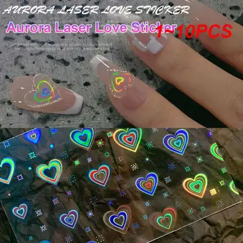 1 ~ 10ШТ Aurora Лазерная наклейка для дизайна ногтей в виде сердца, супер блестящий звездный узор, наклейка из стеклянной фольги для ногтей, наклейка для маникюра, украшение для ногтей