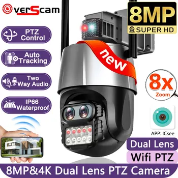 8MP 4K 8x Гибридный Зум 2,8 + 12 мм Двухобъективная WiFi IP PTZ Камера Слежения За Человеком Двухстороннее Аудио IP66 iCSee Для Домашней Безопасности CCTV Cam
