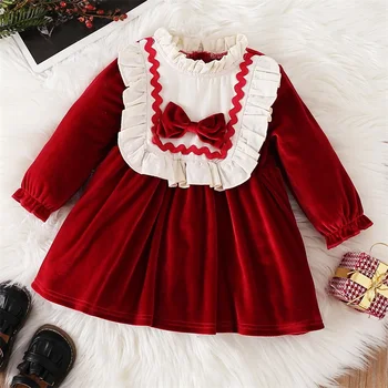 BeQeuewll Рождественское бархатное платье для маленьких девочек на осень, платье трапециевидной формы в стиле пэчворк с оборками на шее, длинным рукавом и бантом спереди