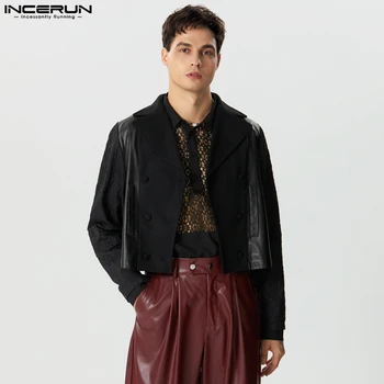 INCERUN Топы 2023, Американский стиль, мужская мода, блейзер из искусственной кожи в стиле пэчворк, Повседневный модный укороченный костюм с длинными рукавами, пальто S-5XL