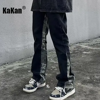 Kakan - Новые Мужские Выстиранные Ретро-Камуфляжные джинсы в стиле Пэчворк, Черный дизайн, Прямые джинсы с микро-расклешенными длинными рукавами K33-M004
