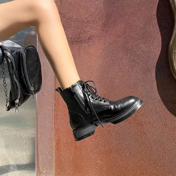 LIBIELIY/ Женские ботинки из натуральной Коровьей кожи, Короткие ботинки на толстой подошве, Ботильоны на плоской подошве в британском стиле со шнуровкой и круглым носком