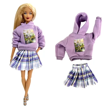 NK 1 комплект праздничного наряда ручной работы для куклы Барби, аксессуары, модная рубашка с капюшоном, фиолетовая юбка для кукольной одежды 1/6, детские игрушки