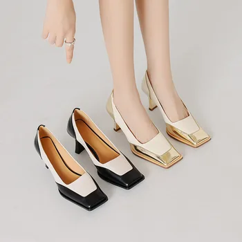 Phoentin Модные туфли на высоком каблуке 2023, новые элегантные офисные женские туфли-лодочки в стиле пэчворк из натуральной кожи с квадратным носком, элегантные туфли в стиле ретро FT2700