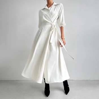 SuperAen 2023 Осень, шикарное Осеннее платье в корейском стиле с отворотом, завязкой на талии, с широкими рукавами для женщин