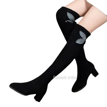 Бедра Ове коленом сапоги для Женщин Осень мода квадратных высокие каблуки длинные сапоги женщины горный хрусталь дизайн, высокие эластичные сапоги