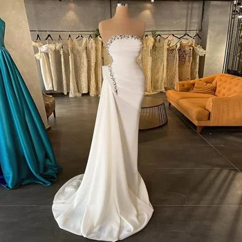 Белые Плиссированные Вечерние платья с открытыми Плечами и кристаллами Dubai Arab Mermaid Court Без Рукавов На заказ 2024