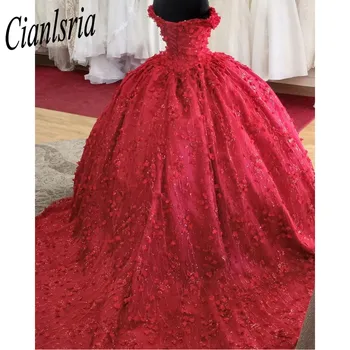 Блестящие красные пышные платья 15 Вечерних сексуальных кружевных платьев с аппликацией с открытыми плечами, вечерние платья принцессы Sweet 16 на день рождения
