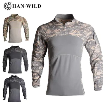Боевая рубашка HAN WILD, Страйкбольные Тактические рубашки, мужская одежда, Эластичные Армейские топы с длинными рукавами, Многокамерная охотничья одежда