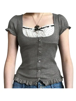 Винтажная женская футболка с квадратным вырезом и коротким рукавом из гофрированного трикотажа - Y2K Fairy Summer Top в стиле ретро