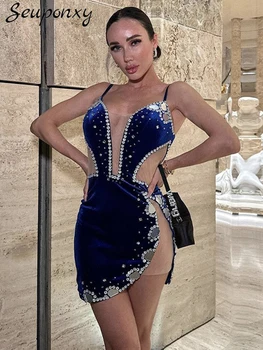 Высококачественное летнее женское сексуальное мини-бандажное платье без рукавов с V-образным вырезом и кристаллами алмазов, элегантное вечернее платье для вечеринки 2023