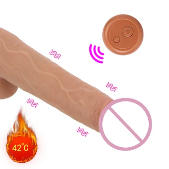 Гибкий Мягкий силикон с нагревом 42 °, реалистичный фаллоимитатор, 10-частотный дистанционный телескопический вибратор, женская мастурбация