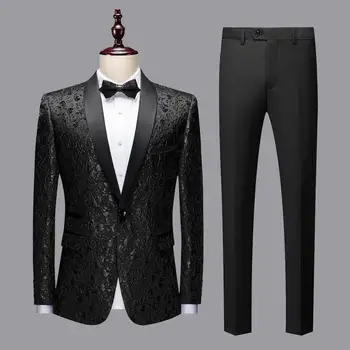 Двубортный мужской костюм из жаккарда с цветочным узором из черного золота, свадебные смокинги для жениха, куртка для вечеринок, брюки Terno Masculino