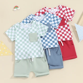 Детская одежда Летняя клетчатая футболка с круглым вырезом и короткими рукавами для девочек и мальчиков, комплект одежды из 2 предметов, одежда для малышей