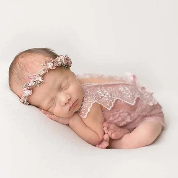 Детский кружевной комбинезон, повязка на голову, реквизит для фотосъемки новорожденных, боди, цветочная лента для волос