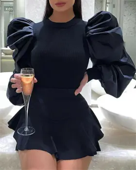 Женская однотонная блузка с круглым вырезом и длинными пышными рукавами, вязаный топ, облегающий пуловер, наряд, готическое платье, платье для дня рождения для женщин