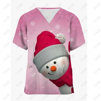 Женская униформа медсестры с принтом снеговика, рождественская униформа медсестры, топы с коротким рукавом и V-образным вырезом, рабочая униформа, блузка, рубашка