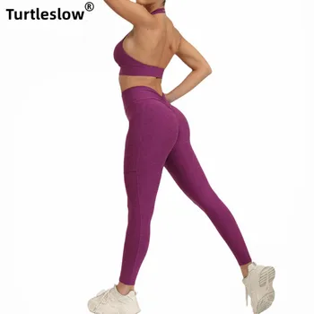 Женские бюстгальтеры для йоги с регулируемым плечевым ремнем на шее, Персиковые ягодицы С карманами с обеих сторон, обтягивающие брюки с V-образной талией, костюм для фитнеса