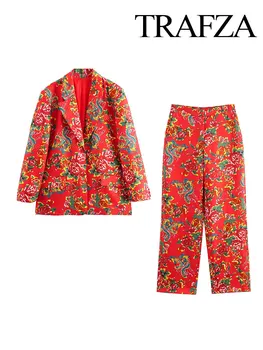 Женский модный свободный блейзер TRAFZA в северо-восточном стиле с крупным цветочным узором, женские брюки с боковым карманом на молнии, высокая талия, комплект из 2 предметов