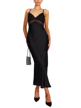 Женское летнее атласное облегающее длинное платье на бретельках с низкой спинкой и кружевной отделкой, миди-платье-комбинация, праздничный наряд