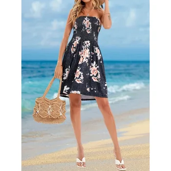 Женское сексуальное мини-платье с цветочным принтом 2023, летнее пляжное платье, женское модное богемное платье без рукавов с открытой спиной и вырезом лодочкой