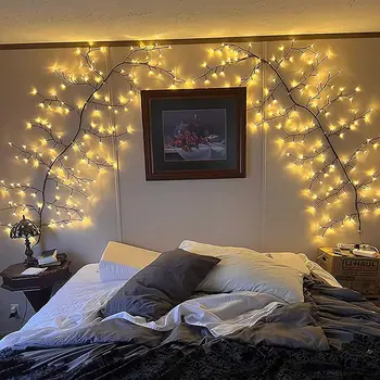 Зачарованная ивовая лоза, рождественские украшения, гибкие самодельные лозы с подсветкой, 144 светодиодных светильника для вечеринки в гостиной, спальне на стене.