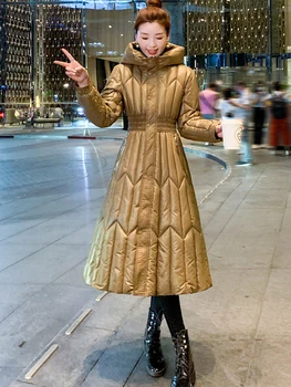 Зимние женские куртки 2023 года, длинная парка с поясом, женская пуховая куртка, парка с капюшоном, теплое повседневное пальто