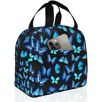 Изолированный ланч-бокс для женщин с синим принтом бабочки, симпатичный ланч-кулер, термозащитная многоразовая сумка-тоут с карманом