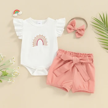 Комплект шорт для маленьких девочек, радужный комбинезон с вышивкой на рукавах, шорты с поясом и летняя одежда с лентой для волос