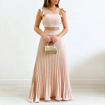 Короткий жилет, плиссированная юбка-полукомбинезон с высокой талией, женский летний комплект из двух предметов, подтяжки, костюм для отдыха в стиле бохо Y2k, комплекты уличной одежды