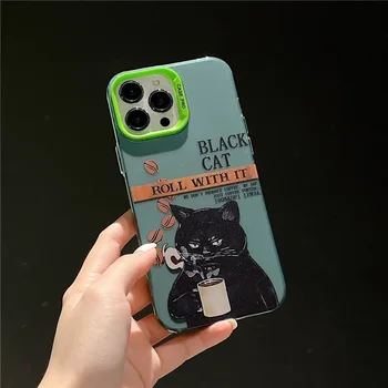 Кофейные зерна black cat cool cat Покрытие зеленый Чехол Для Телефона iPhone 15 14 13 12 11 Pro Max Case Милый роскошный противоударный Чехол