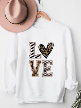 Леопардовое любовное письмо 90-х Толстая одежда Теплые Графические пуловеры Одежда Флисовые Осенне-зимние женские толстовки с модным принтом