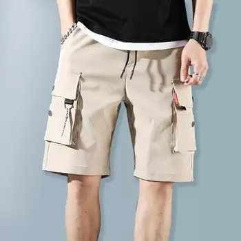 Летние мужские шорты-карго с эластичным поясом, шорты на шнурке, с множеством карманов, прямые, широкие спортивные шорты-карго средней посадки