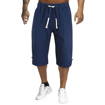 Летние хлопчатобумажные льняные брюки Мужские Однотонные пятиточечные шорты с завязками Harajuku для бега трусцой Пляжные штаны Мужская спортивная одежда