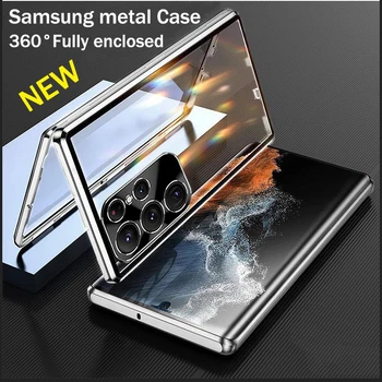Металлический Чехол из алюминиевого сплава для Samsung Galaxy S23 S22 S21 Ultra 360 ° Полностью закрытая защита Магнитная адсорбция HD Стеклянные чехлы
