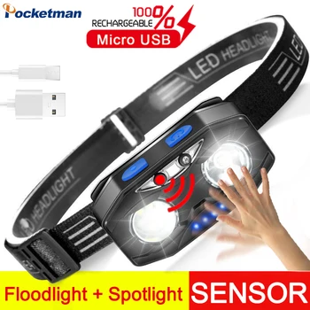 Мини-сенсорная светодиодная фара, USB-перезаряжаемая индукционная фара, встроенный аккумулятор, головной фонарик, 6 режимов работы, фонарь для рыбалки