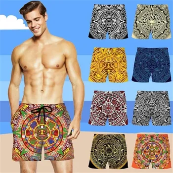 Модные пляжные шорты в стиле хип-хоп с 3D-принтом Aztec Calendar Sun Stone, хип-хоп пляжные шорты, летние мужские шорты для плавания, повседневные крутые короткие штаны для индивидуальности