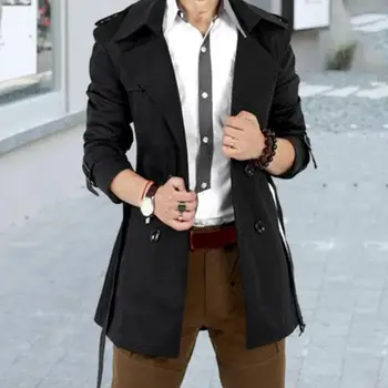 Мужская верхняя одежда, стильный мужской двубортный тренч с поясом, осенняя ветровка с карманами на лацканах, длинные рукава, деловой костюм для