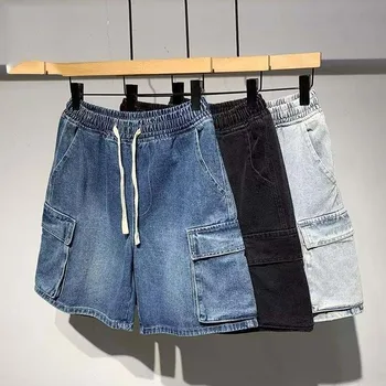 Мужские джинсовые шорты с эластичной резинкой на талии, летние повседневные свободные джинсы в стиле хип-хоп, короткие брюки