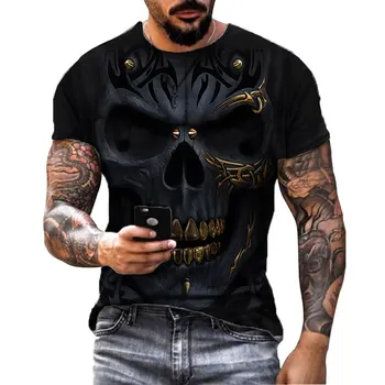 Мужские черные футболки с черепом, Панк-футболка с круглым вырезом и Скелетом, Рок-уличная одежда, Футболка с 3D Принтом, Винтажная Готическая одежда, Летние Топы 6XL