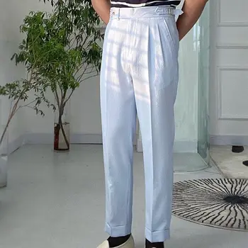 Облегающие брюки Нового дизайна Для мужчин с высокой талией, Однотонный Английский Деловой Повседневный костюм, Брюки с поясом, Прямые Мужские брюки C60