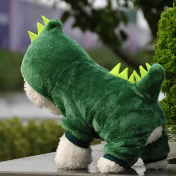 Одежда для домашних животных Забавный костюм кота Динозавра с капюшоном Плюшевый Кот Зимнее теплое пальто для котенка и щенка Зеленая одежда
