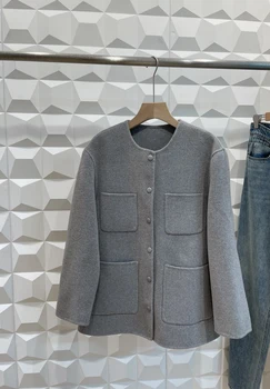 Осенью и зимой 2023 года, новые простые китайские шерстяные двухсторонние. Модное шерстяное пальто ручной работы с круглым вырезом.