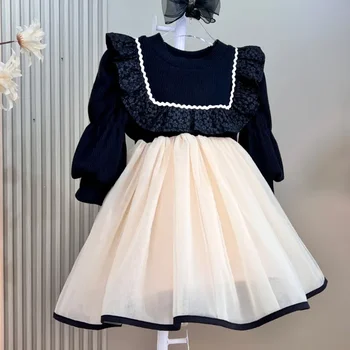 Платье для девочек в корейском стиле, вязаное с длинным рукавом для девочек, плотное платье принцессы, детские костюмы, вечерние Элегантные платья принцессы 3-12