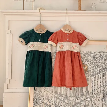 Платье для девочек во французском стиле 2023, Летние новые детские платья принцессы с коротким рукавом и цветочной вышивкой, одежда для маленьких девочек