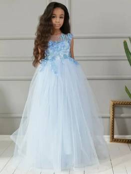 Платья для девочек-цветочниц из небесно-голубого тюля с рисунком Флори без рукавов для свадьбы, Дня рождения, Первого причастия