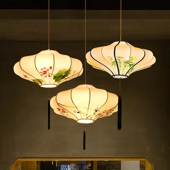 Подвесные светильники из китайской ткани, ручная роспись 