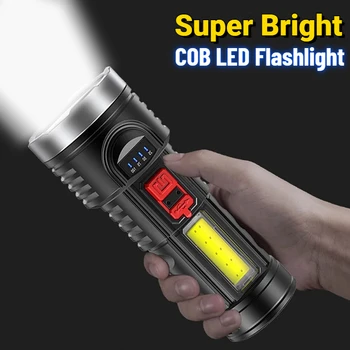 Портативный светодиодный тактический фонарик с боковым COB USB-перезаряжаемым фонарем, встроенным аккумулятором, водонепроницаемым ручным фонарем для кемпинга