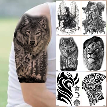 Реалистичные временные татуировки Черного Волчьего леса Для мужчин И мальчиков, Крылья Льва, Колючий рыцарь, поддельная татуировка, наклейка на руку, татуировку на теле.