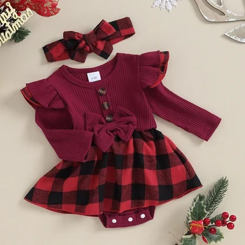 Рождественский наряд для маленьких девочек, платье-ползунки с длинным рукавом и рюшами, лоскутные комбинезоны с повязкой на голову